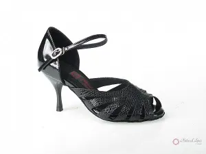 2.5" Zoe --  Slim Heel Latin Sandal -- Black Snake/Paint/Patent PU