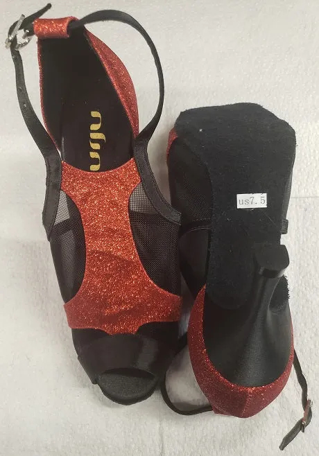 3" Taija -- Women's Latin Sandal -- Black Satin/Red Glitter