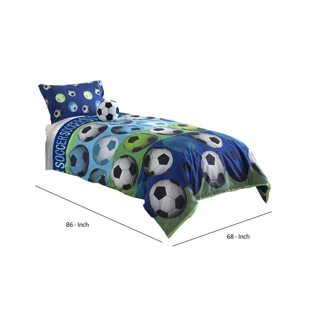 4 Piece Full Size Comforter Set with Soccer Theme, Multicolor By Casagear Home