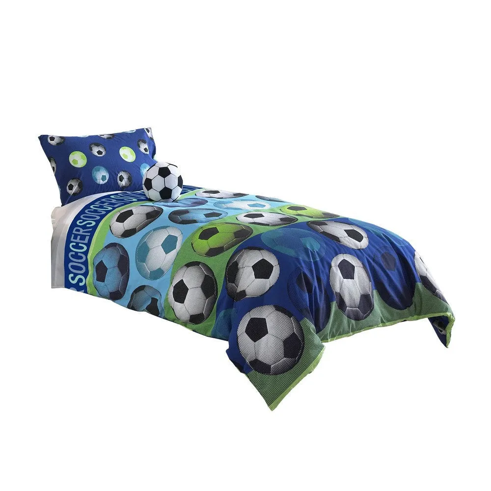 4 Piece Full Size Comforter Set with Soccer Theme, Multicolor By Casagear Home