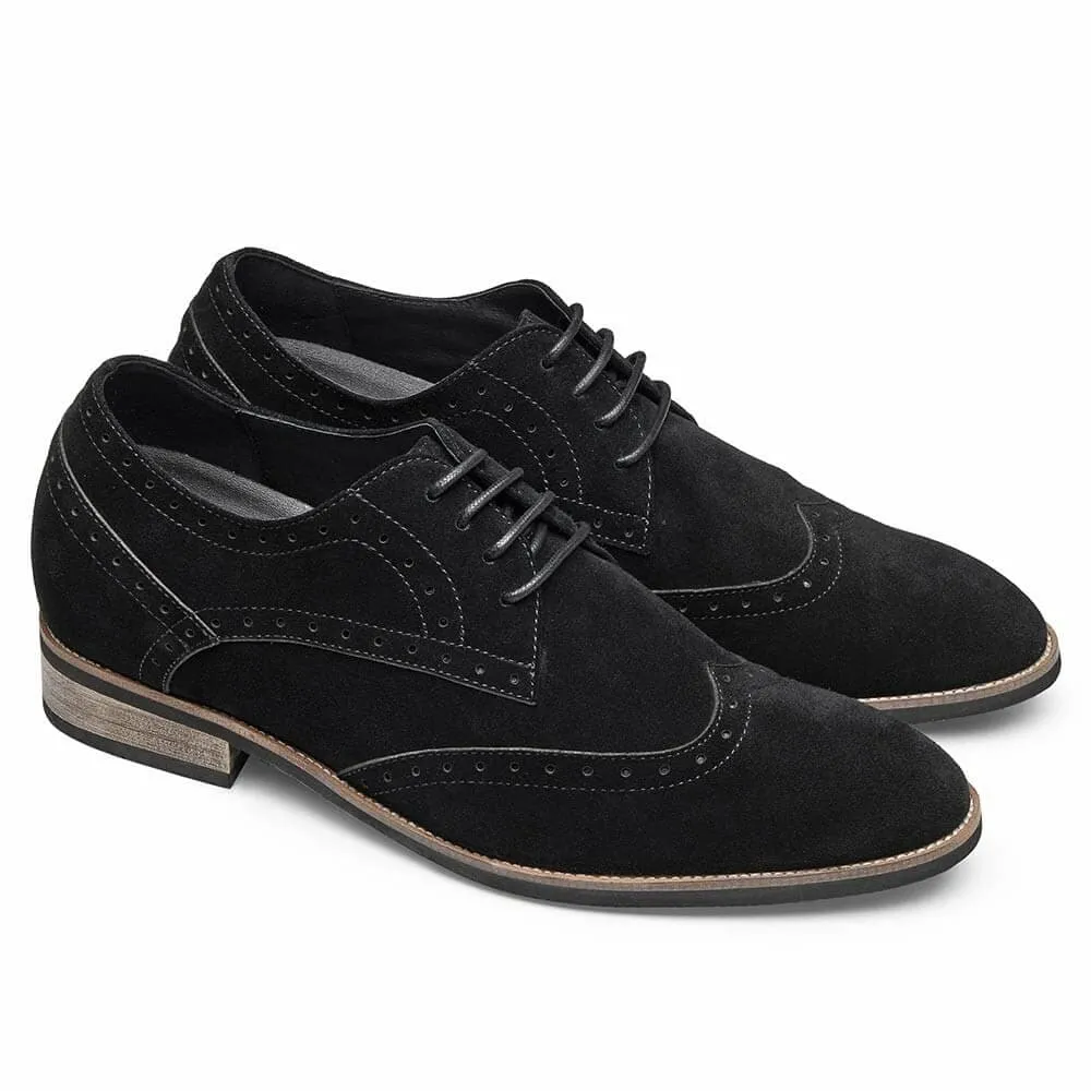 7CM /2.76 Inches CMR CHAMARIPA Elevator Shoes High Heel Men Dress Shoes Height Increasing Black Suede Wingtip Brogues