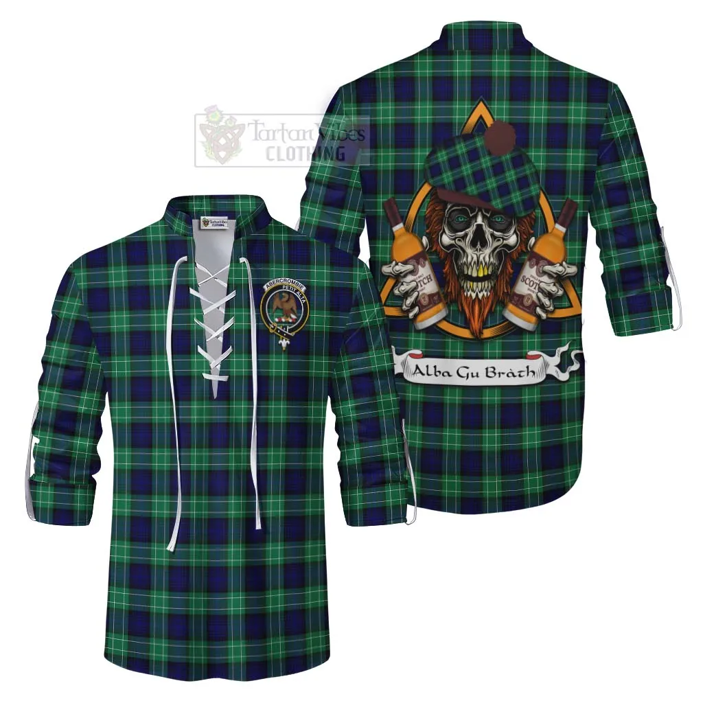 Abercrombie Tartan Ghillie Kilt Shirt with Family Crest and Bearded Skull Holding Bottles of Whiskey