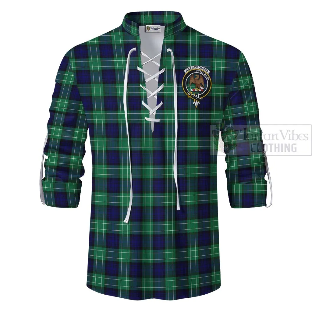 Abercrombie Tartan Ghillie Kilt Shirt with Family Crest and Bearded Skull Holding Bottles of Whiskey