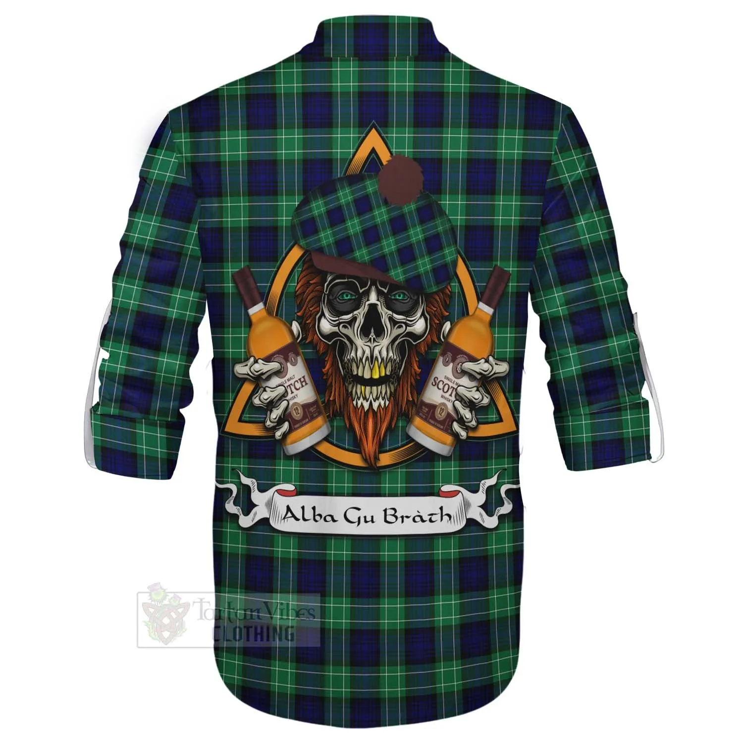 Abercrombie Tartan Ghillie Kilt Shirt with Family Crest and Bearded Skull Holding Bottles of Whiskey