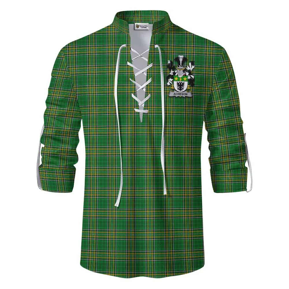 Acheson Irish Clan Tartan Ghillie Kilt Shirt with Coat of Arms