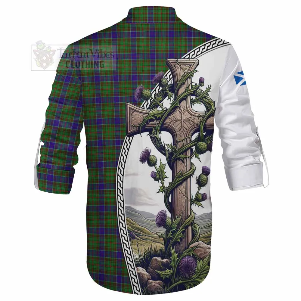 Adam Tartan Ghillie Kilt Shirt with Family Crest and St. Andrew's Cross Accented by Thistle Vines