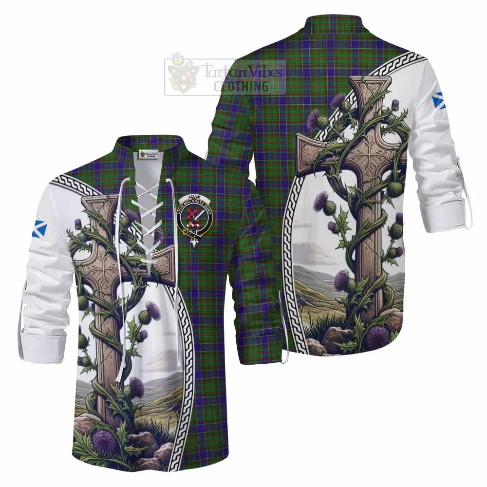 Adam Tartan Ghillie Kilt Shirt with Family Crest and St. Andrew's Cross Accented by Thistle Vines