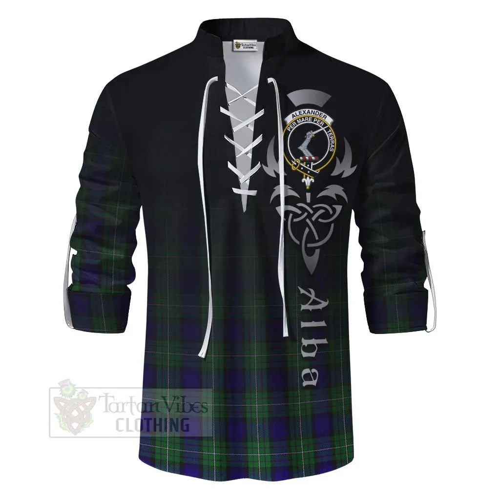 Alexander Tartan Ghillie Kilt Shirt Featuring Alba Gu Brath Family Crest Celtic Inspired