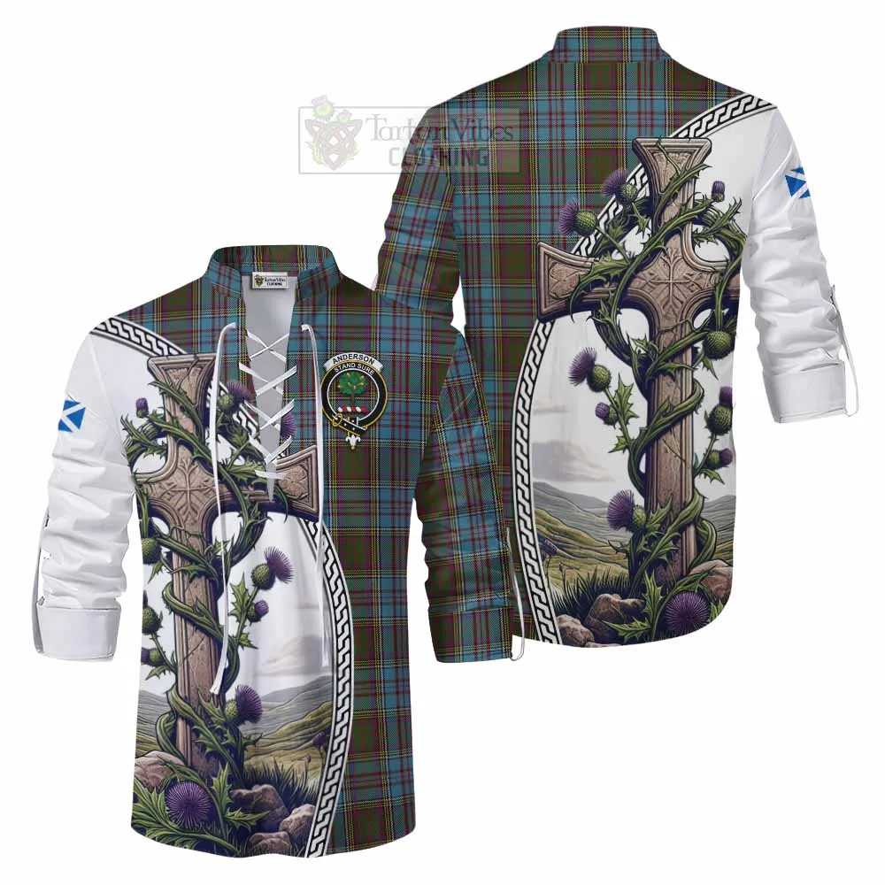 Anderson Tartan Ghillie Kilt Shirt with Family Crest and St. Andrew's Cross Accented by Thistle Vines