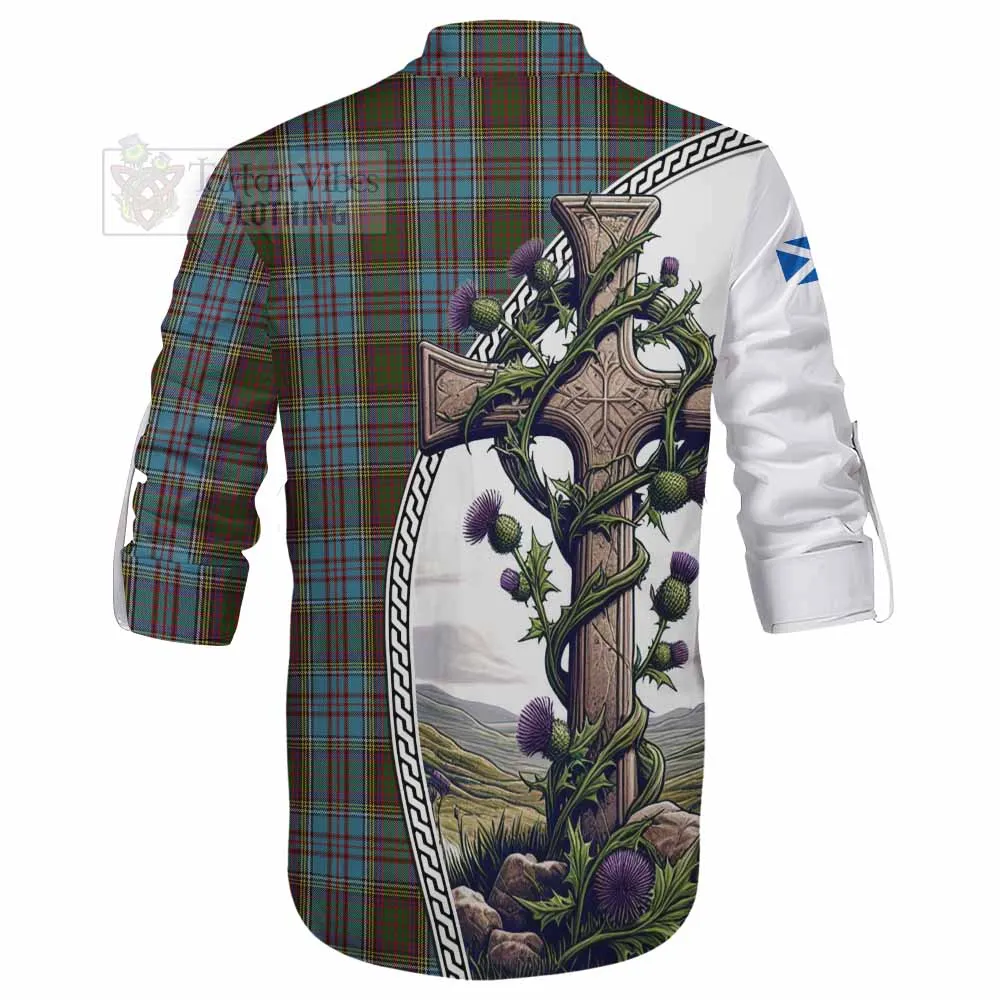 Anderson Tartan Ghillie Kilt Shirt with Family Crest and St. Andrew's Cross Accented by Thistle Vines