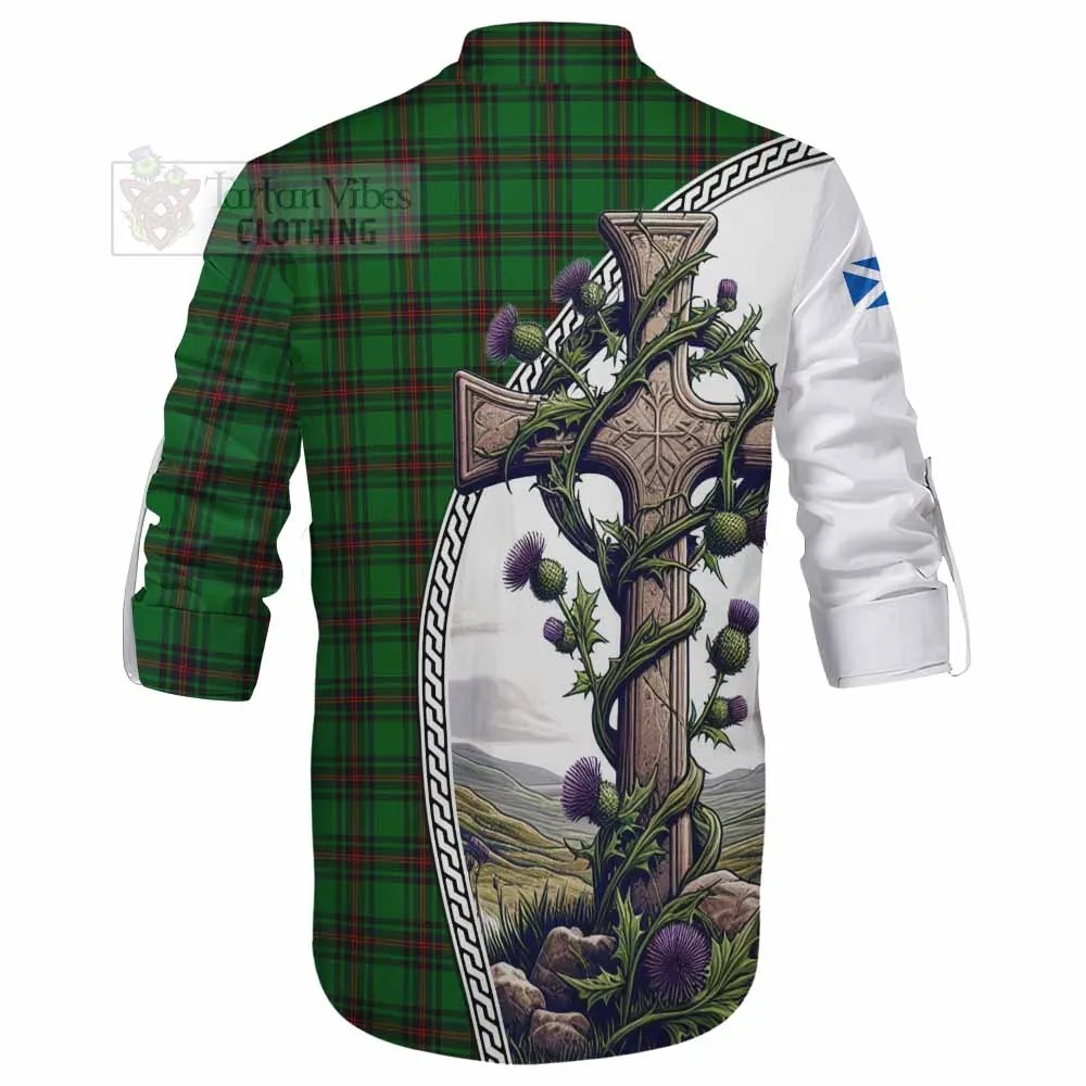 Anstruther Tartan Ghillie Kilt Shirt with Family Crest and St. Andrew's Cross Accented by Thistle Vines