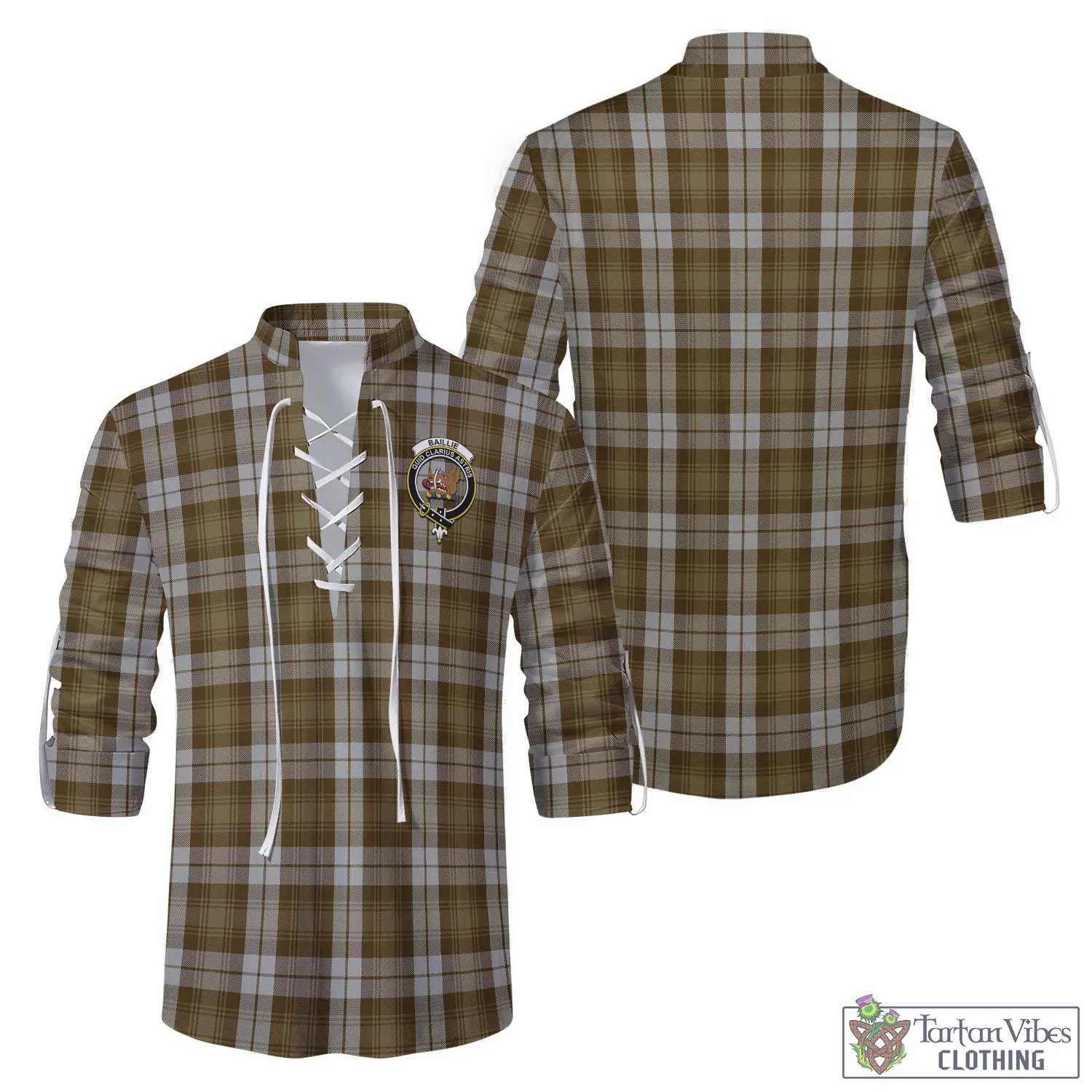 Baillie Dress Tartan Men's Scottish Traditional Jacobite Ghillie Kilt Shirt with Family Crest