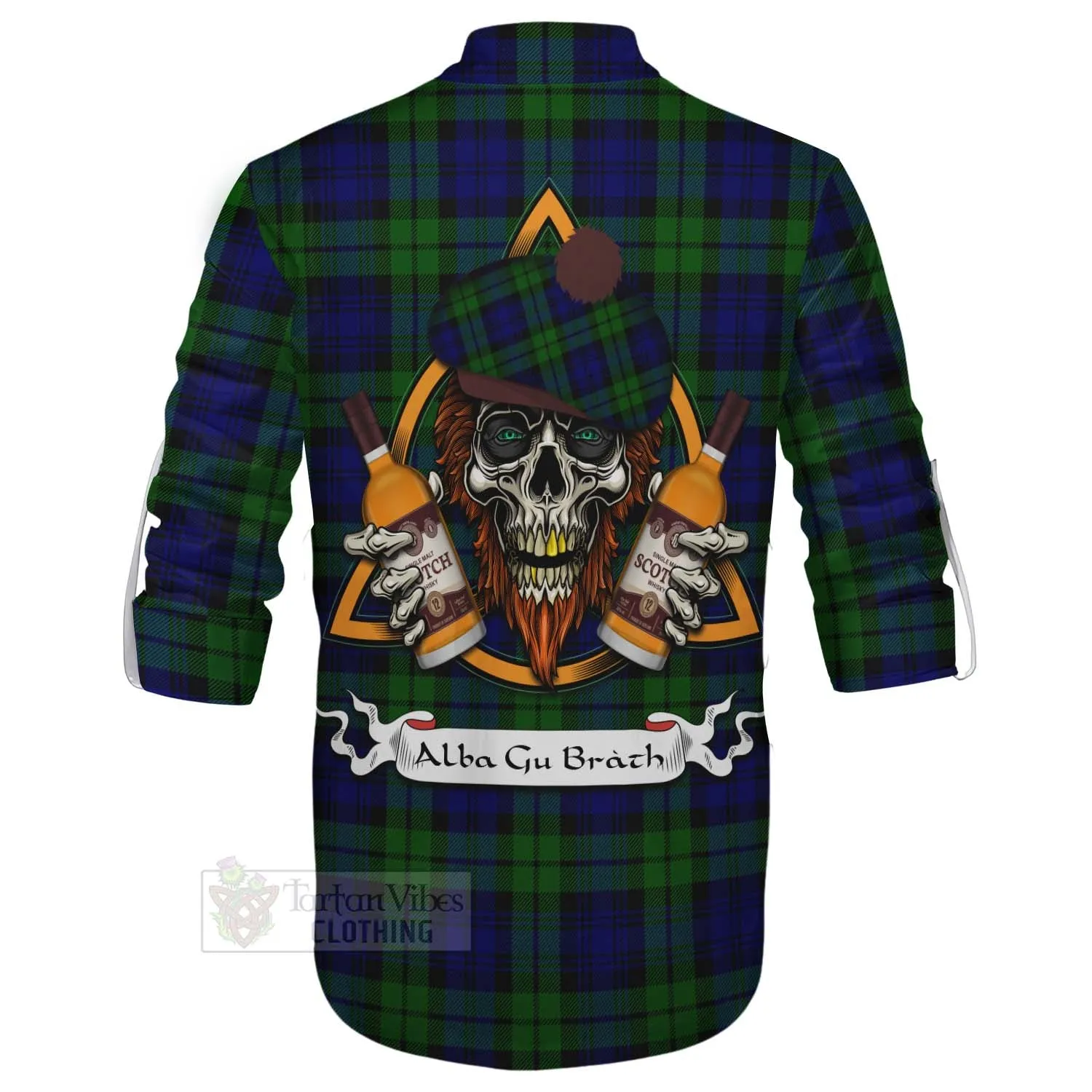 Bannatyne Tartan Ghillie Kilt Shirt with Family Crest and Bearded Skull Holding Bottles of Whiskey