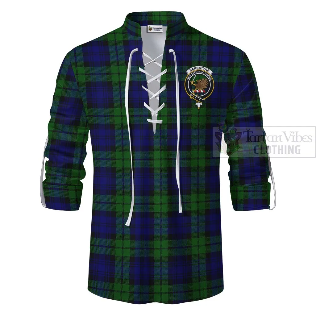 Bannatyne Tartan Ghillie Kilt Shirt with Family Crest and Bearded Skull Holding Bottles of Whiskey