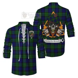 Bannatyne Tartan Ghillie Kilt Shirt with Family Crest and Bearded Skull Holding Bottles of Whiskey