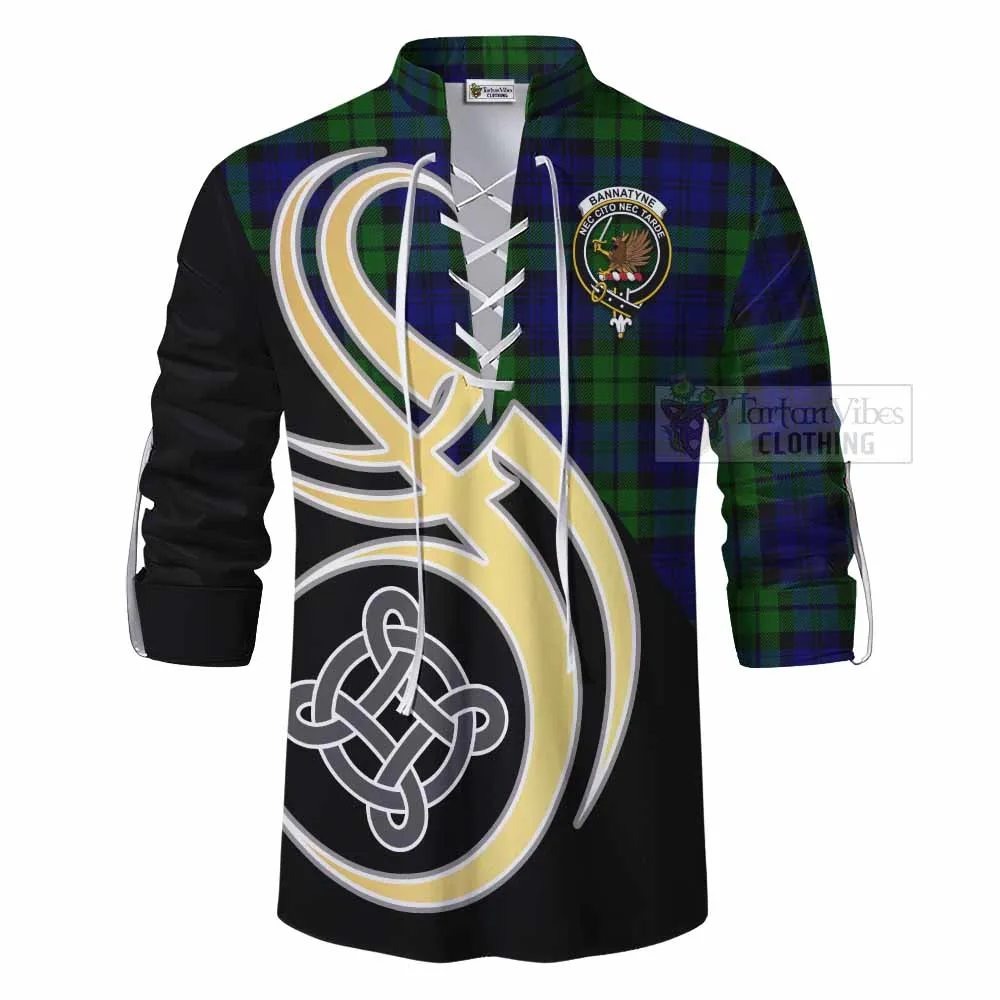 Bannatyne Tartan Ghillie Kilt Shirt with Family Crest and Celtic Symbol Style