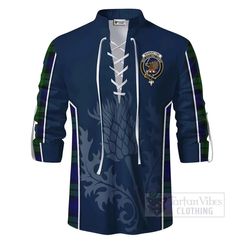 Bannatyne Tartan Ghillie Kilt Shirt with Family Crest and Scottish Thistle Vibes Sport Style