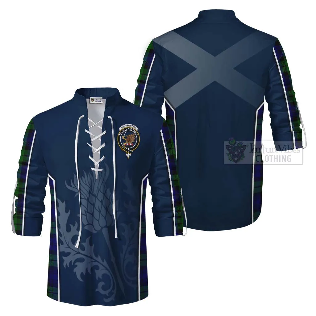 Bannatyne Tartan Ghillie Kilt Shirt with Family Crest and Scottish Thistle Vibes Sport Style