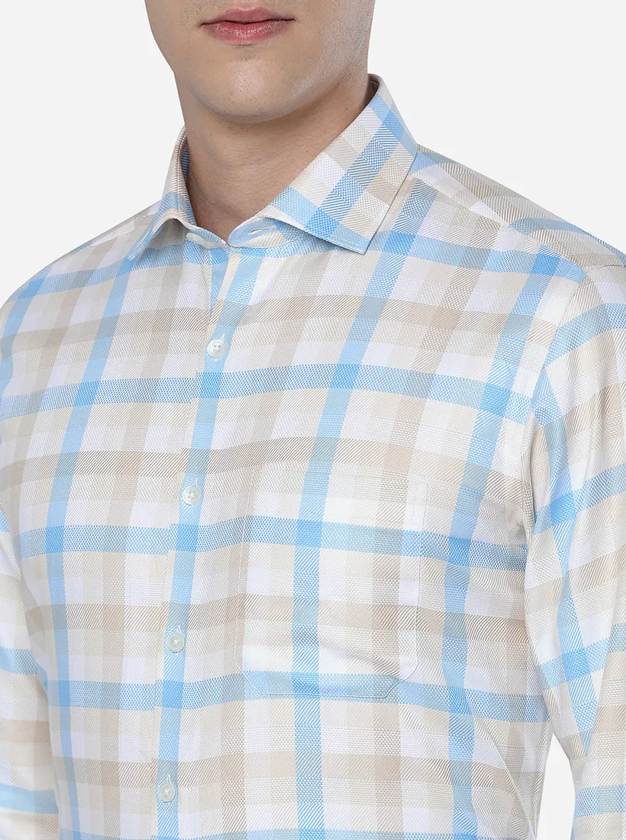 Beige & Blue Checked Slim Fit Formal Shirt | JadeBlue