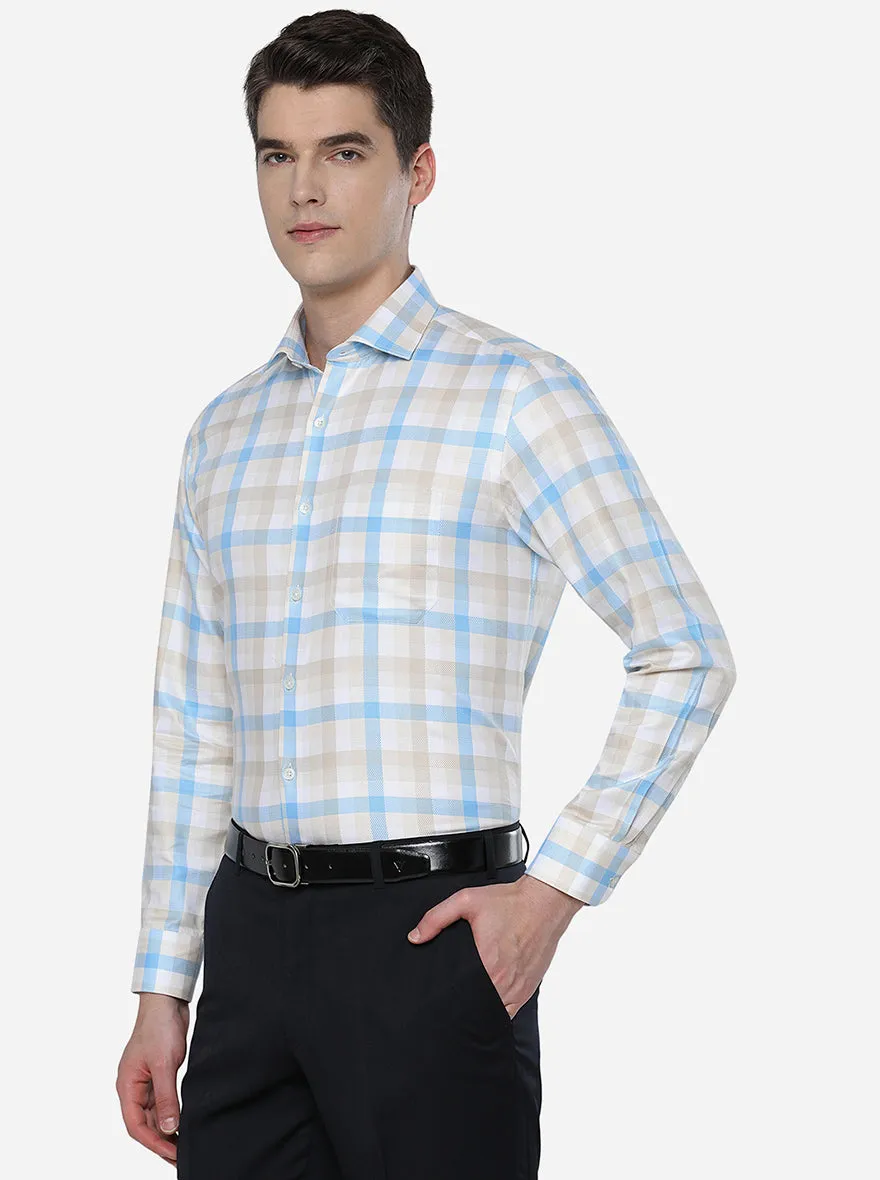 Beige & Blue Checked Slim Fit Formal Shirt | JadeBlue