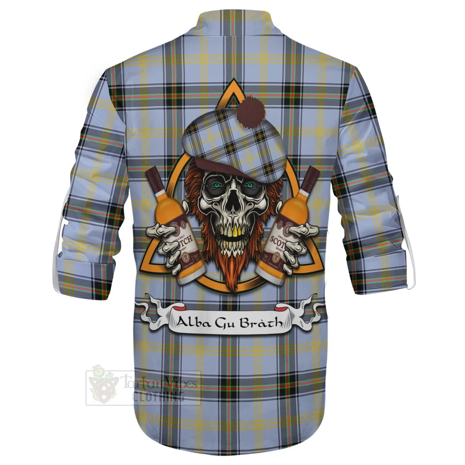 Bell Tartan Ghillie Kilt Shirt with Family Crest and Bearded Skull Holding Bottles of Whiskey