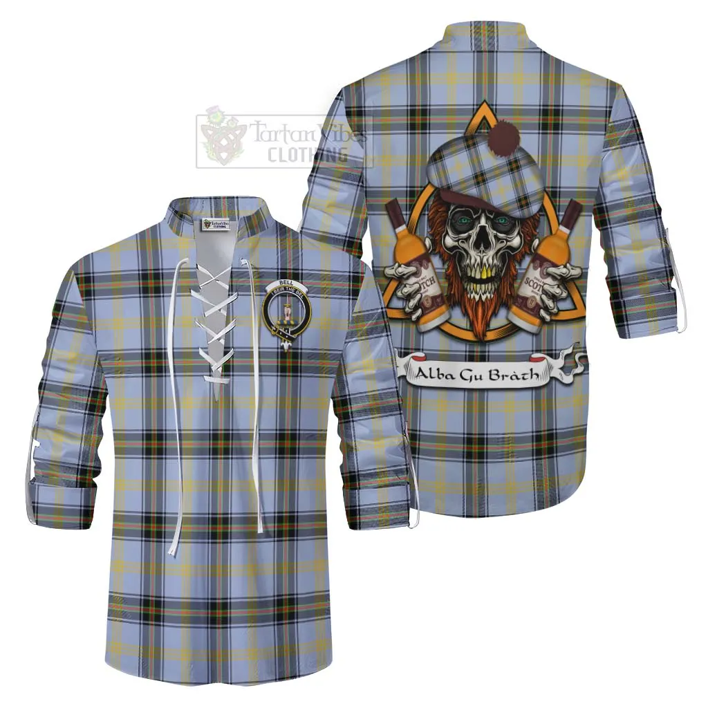 Bell Tartan Ghillie Kilt Shirt with Family Crest and Bearded Skull Holding Bottles of Whiskey