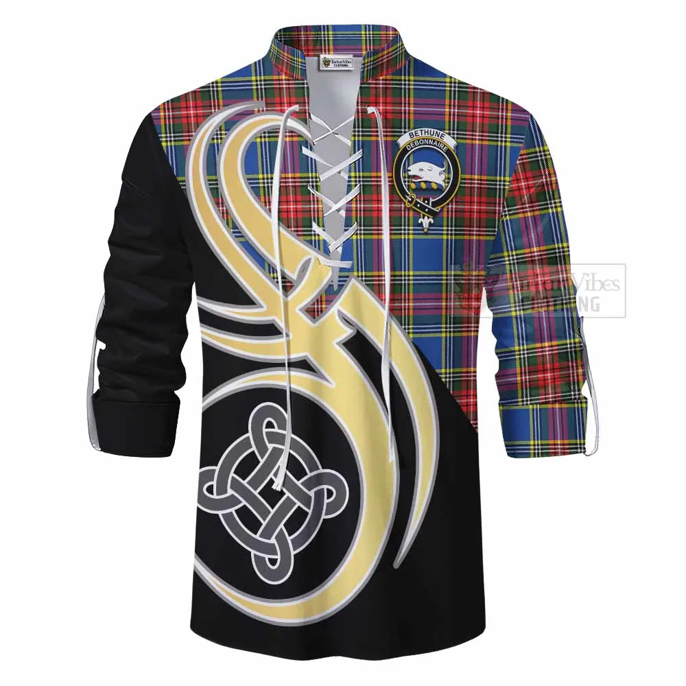 Bethune Tartan Ghillie Kilt Shirt with Family Crest and Celtic Symbol Style