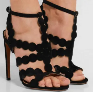 Black Suede Cutout Buckle High Heel Ankle Sandals