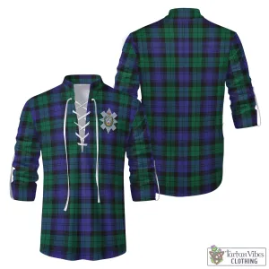 Black Watch Modern Tartan Men's Scottish Traditional Jacobite Ghillie Kilt Shirt with Family Crest