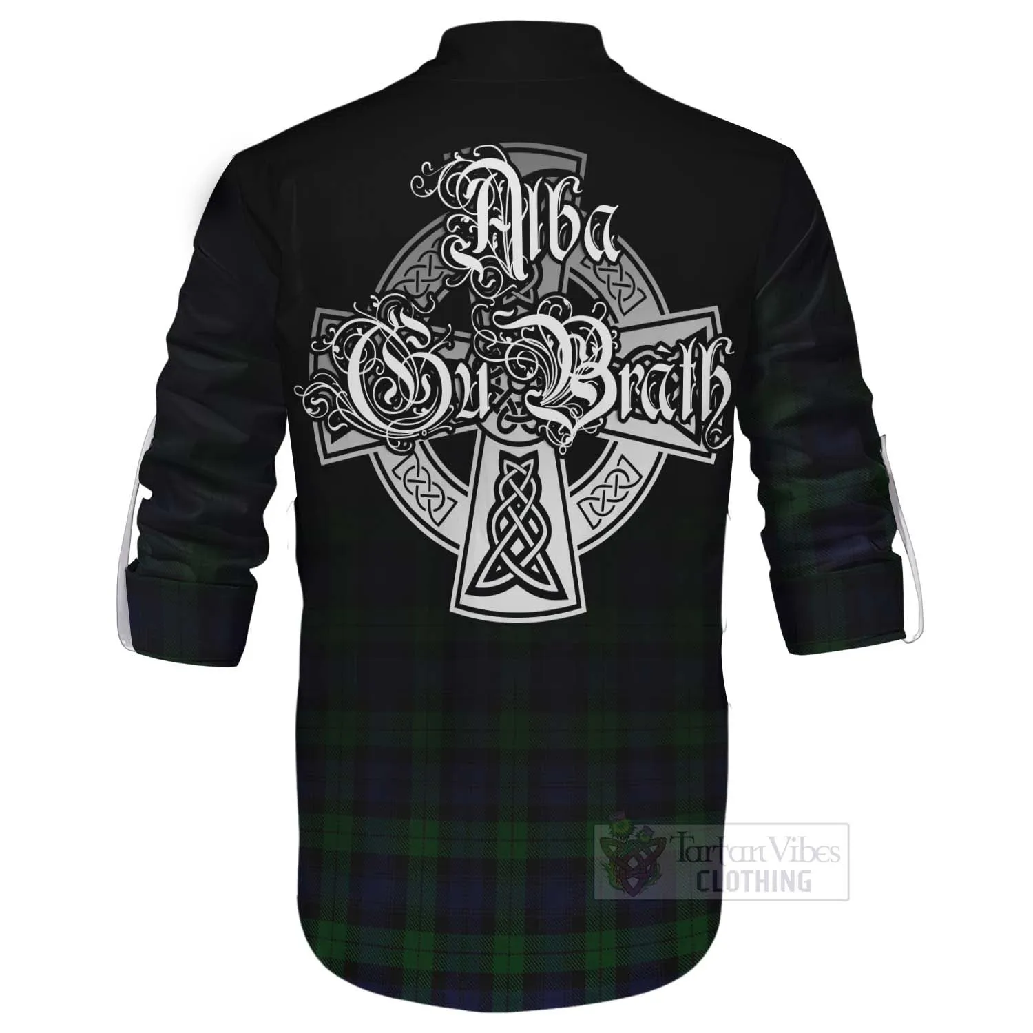 Black Watch Tartan Ghillie Kilt Shirt Featuring Alba Gu Brath Family Crest Celtic Inspired