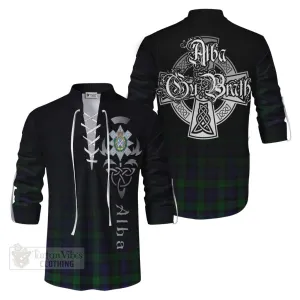 Black Watch Tartan Ghillie Kilt Shirt Featuring Alba Gu Brath Family Crest Celtic Inspired