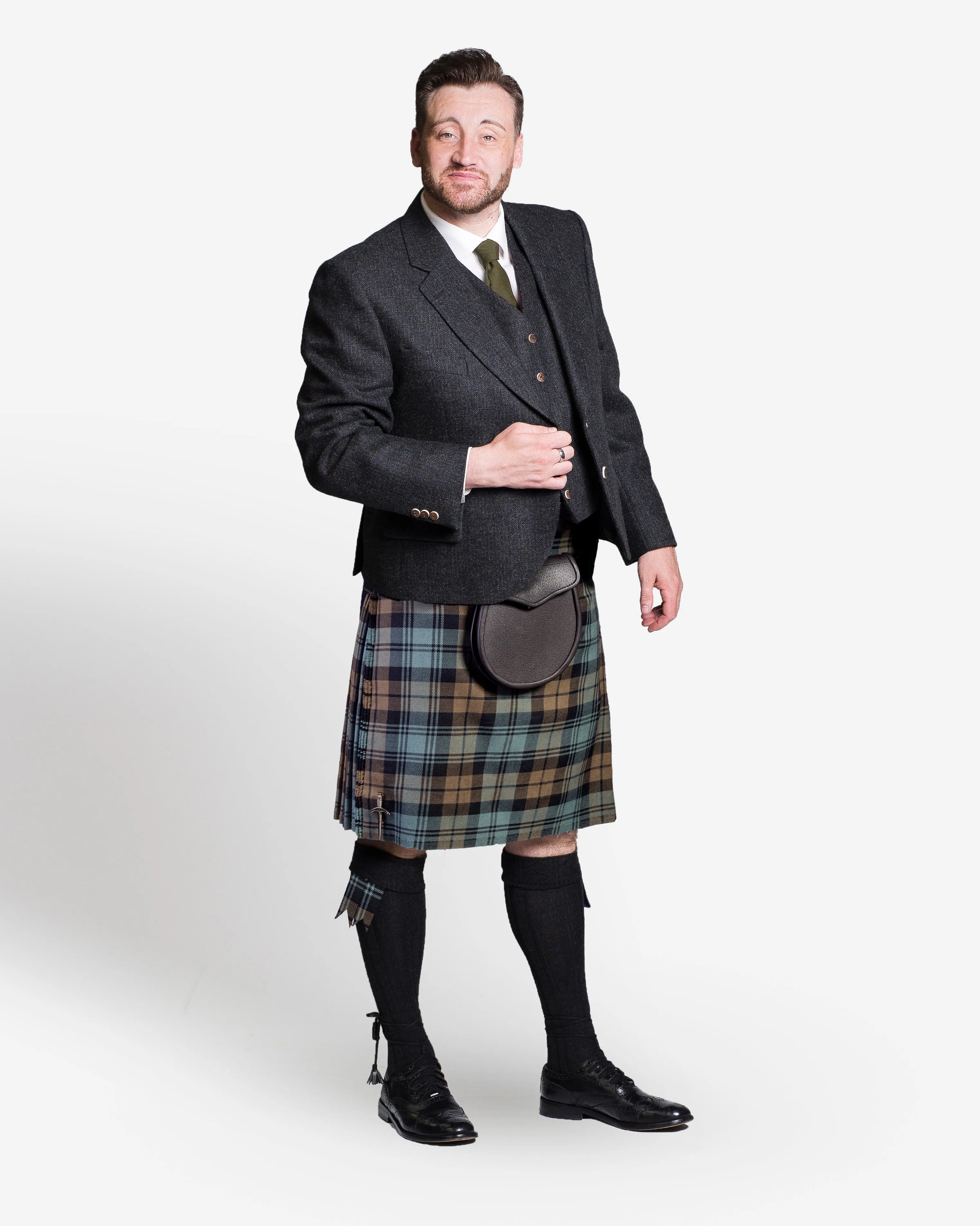 Black Watch Weathered / Lovat Charcoal Tweed Kilt Hire Outfit