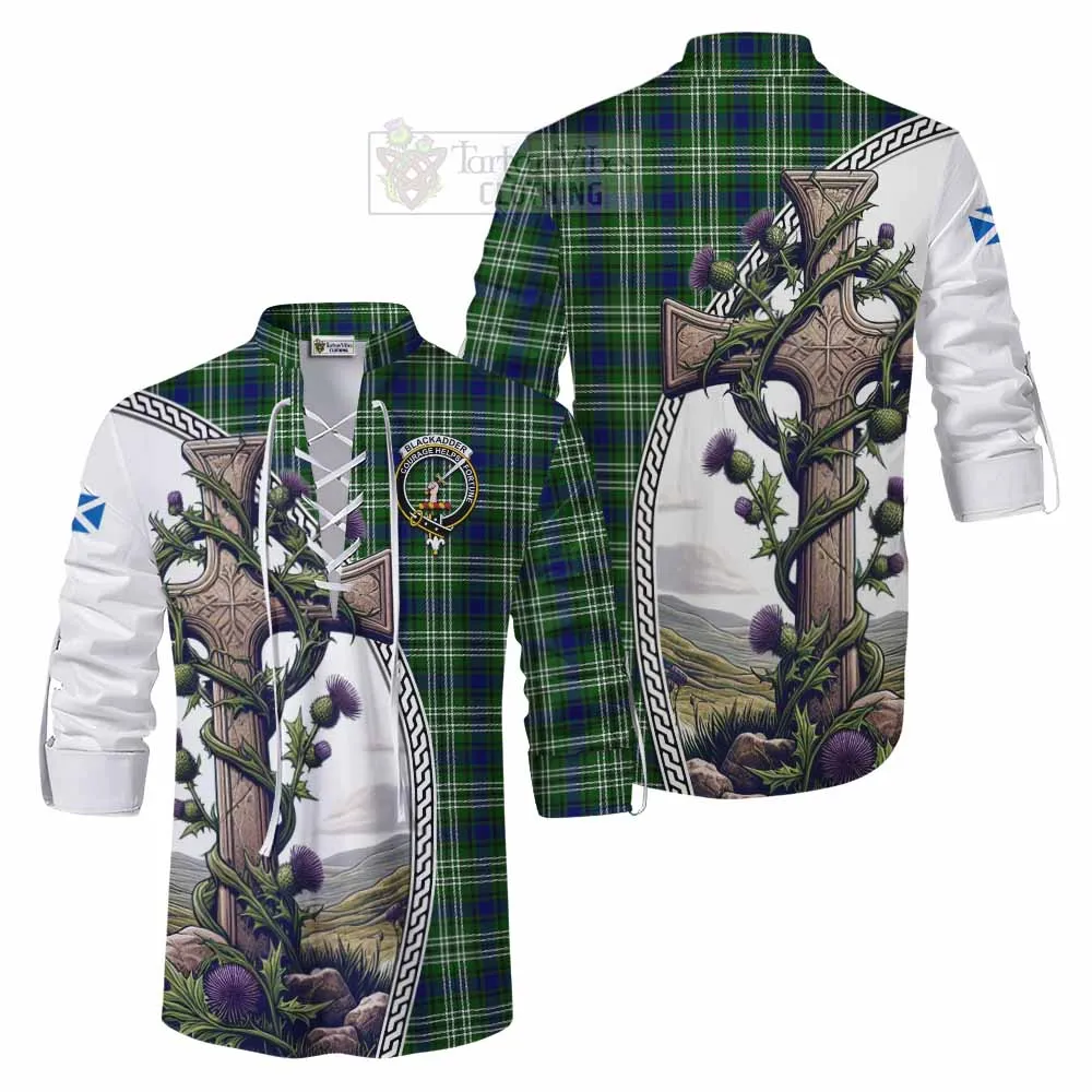 Blackadder Tartan Ghillie Kilt Shirt with Family Crest and St. Andrew's Cross Accented by Thistle Vines