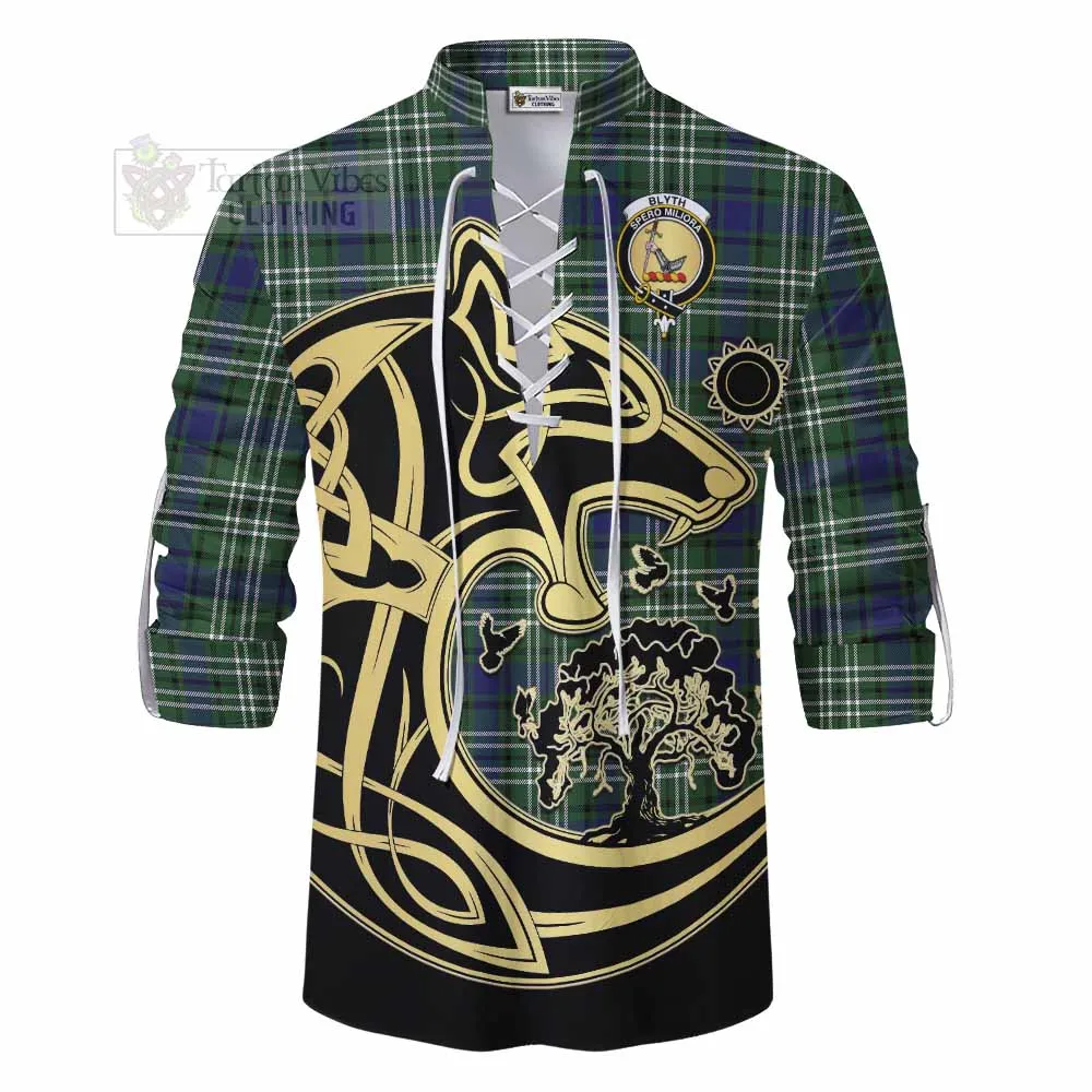 Blyth Tartan Ghillie Kilt Shirt with Family Crest Celtic Wolf Style