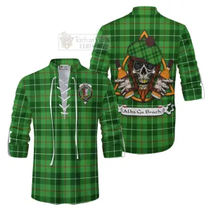 Boyle Tartan Ghillie Kilt Shirt with Family Crest and Bearded Skull Holding Bottles of Whiskey