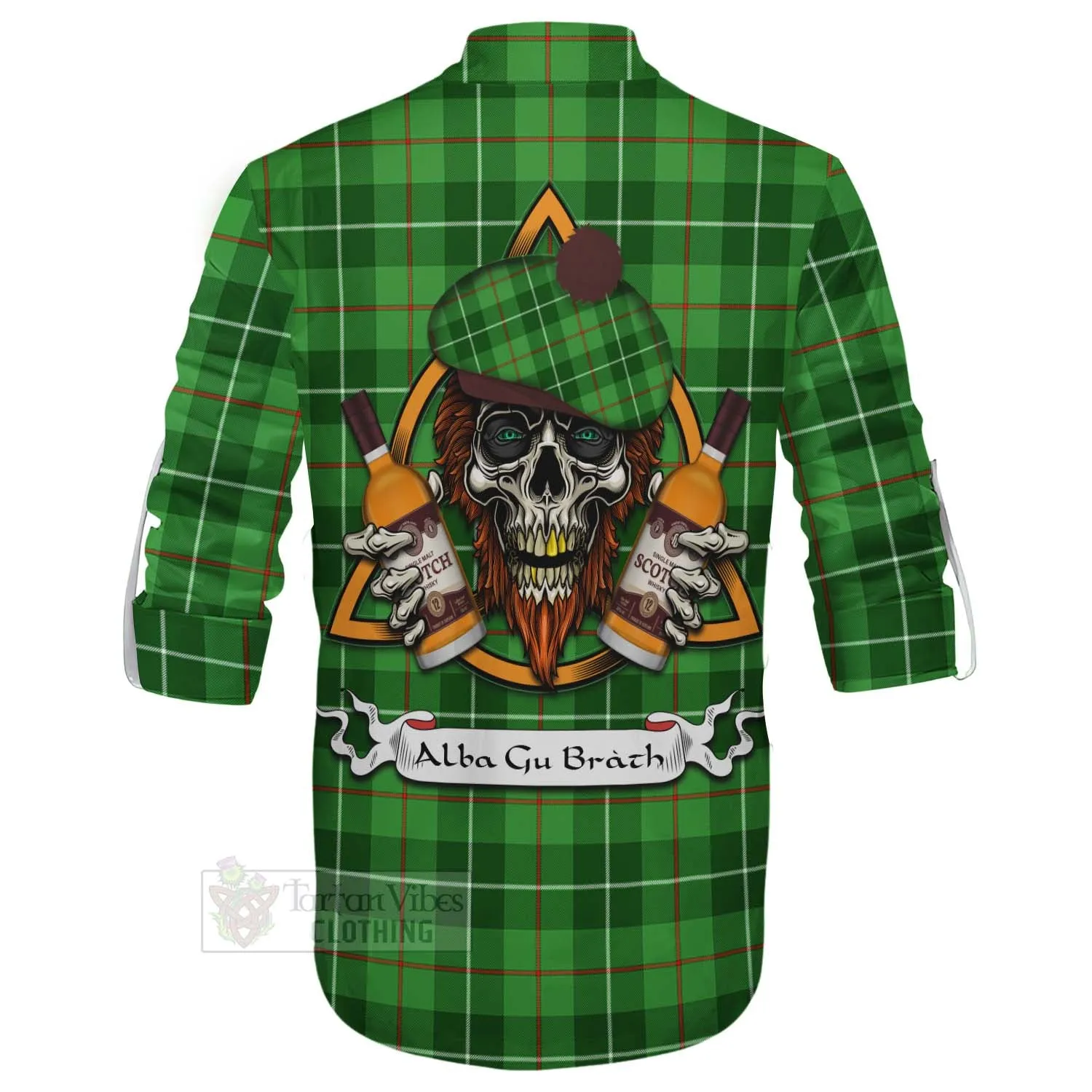 Boyle Tartan Ghillie Kilt Shirt with Family Crest and Bearded Skull Holding Bottles of Whiskey