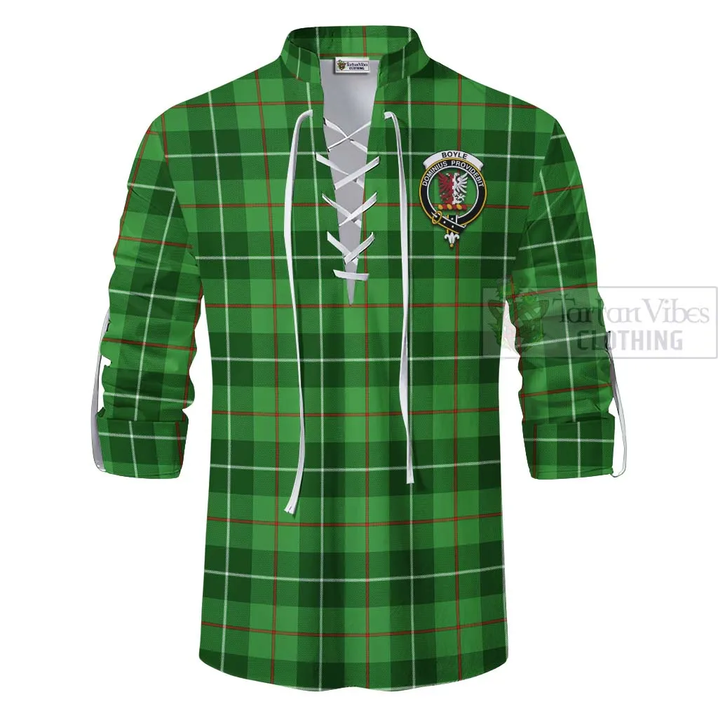 Boyle Tartan Ghillie Kilt Shirt with Family Crest and Bearded Skull Holding Bottles of Whiskey