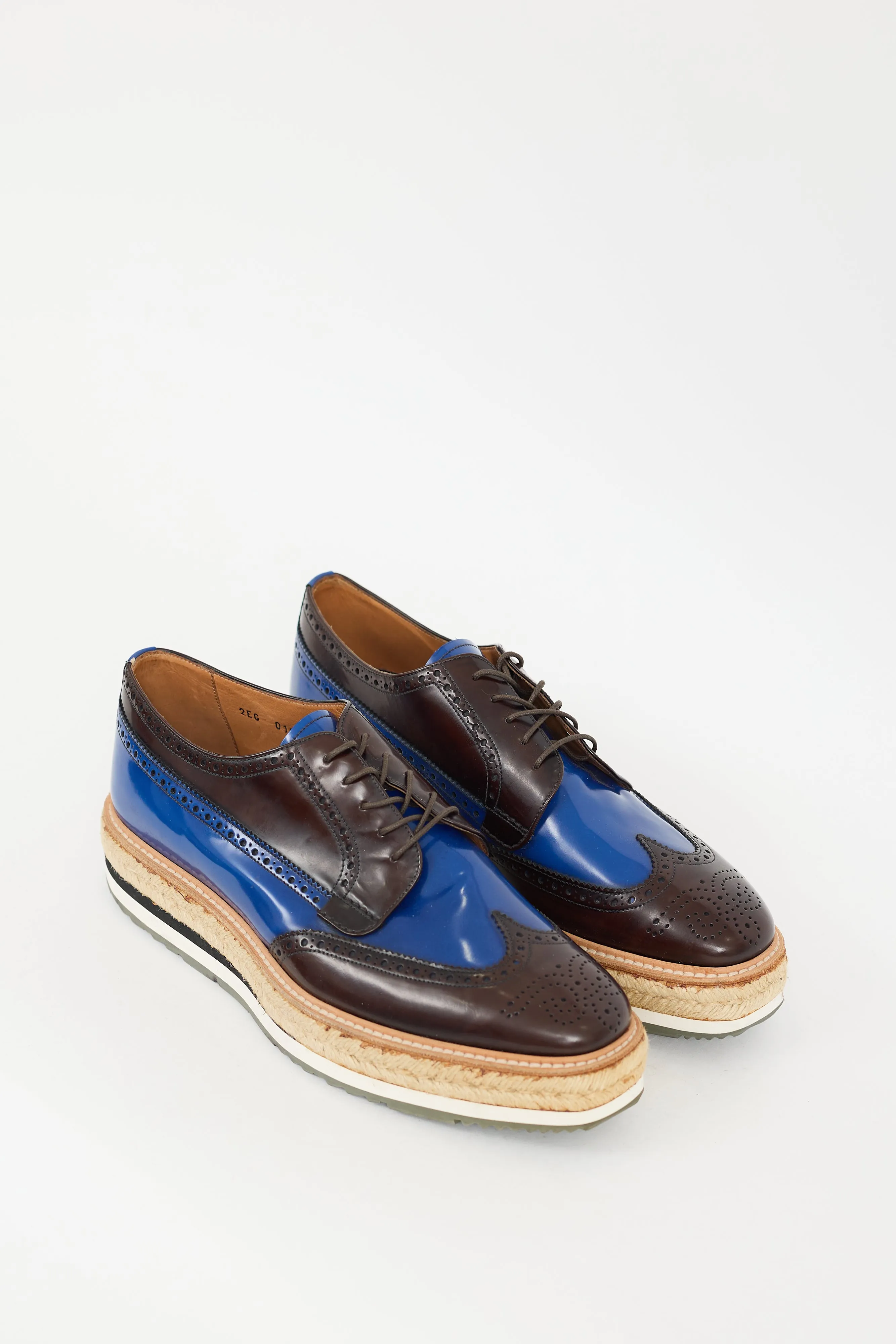 Brown & Blue Leather Espadrille Platform Brogue