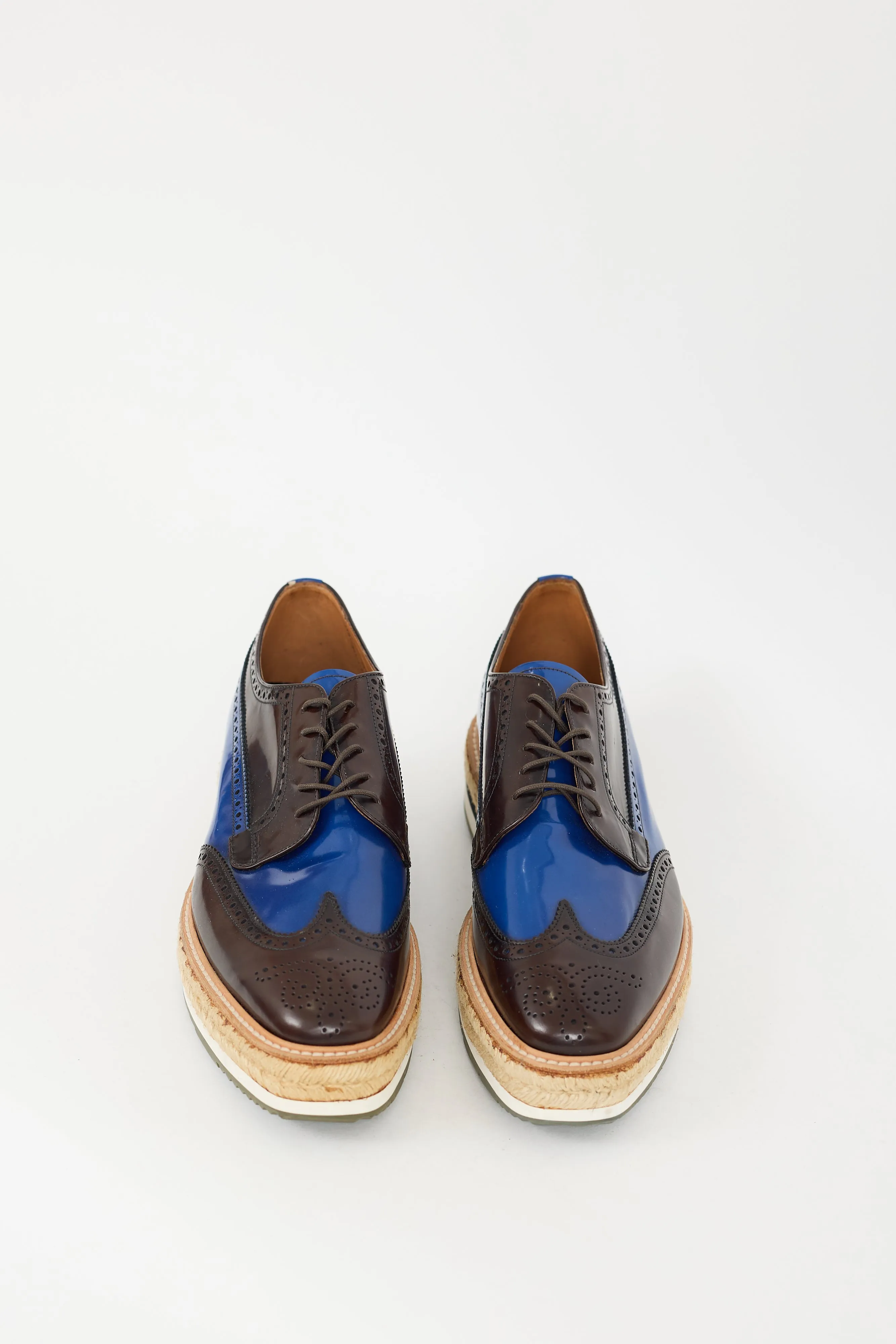 Brown & Blue Leather Espadrille Platform Brogue