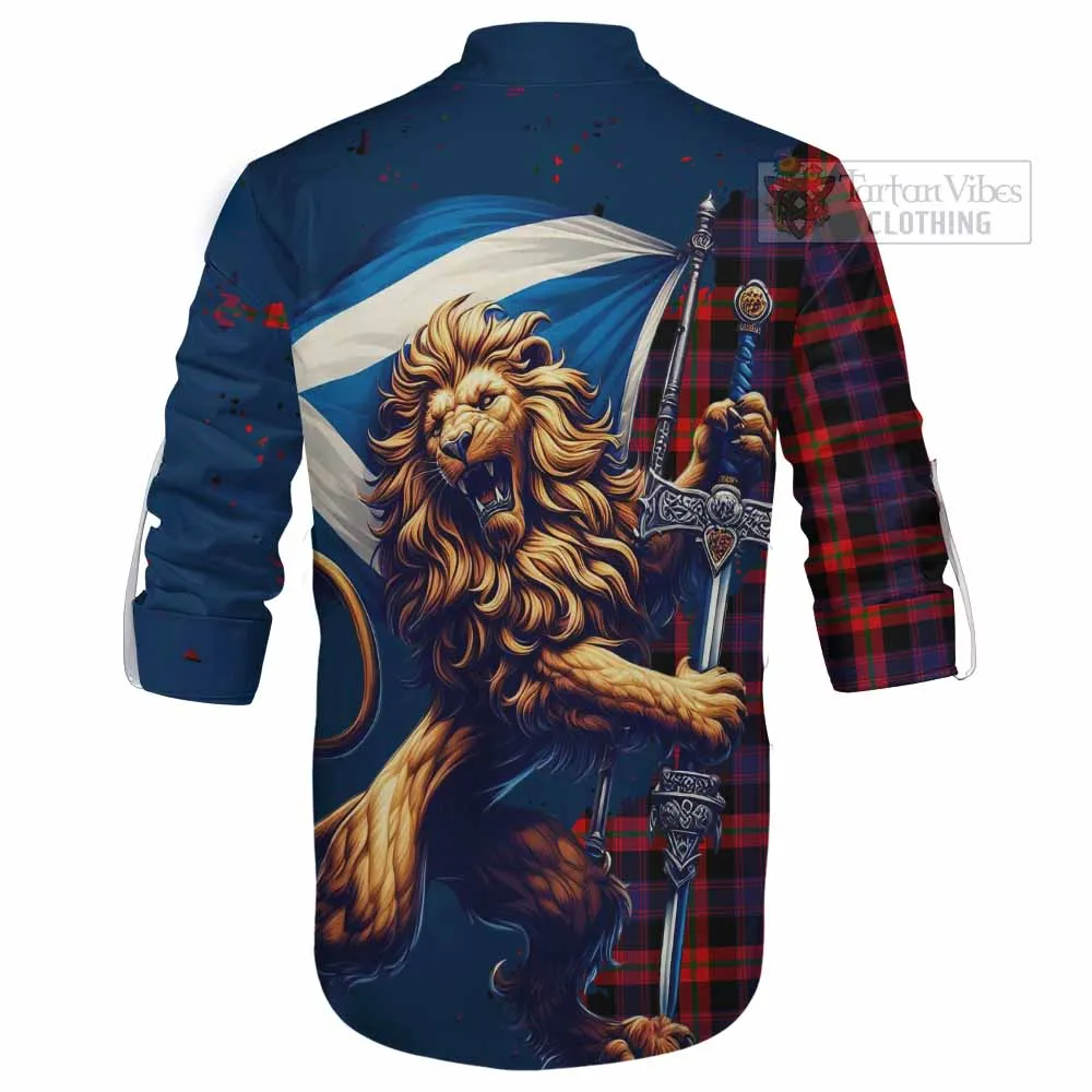 Brown (Broun) Tartan Family Crest Ghillie Kilt Shirt with Scottish Majestic Lion