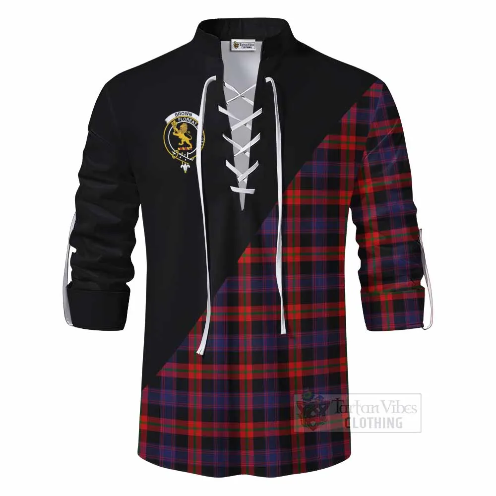 Brown (Broun) Tartan Ghillie Kilt Shirt with Family Crest and Military Logo Style