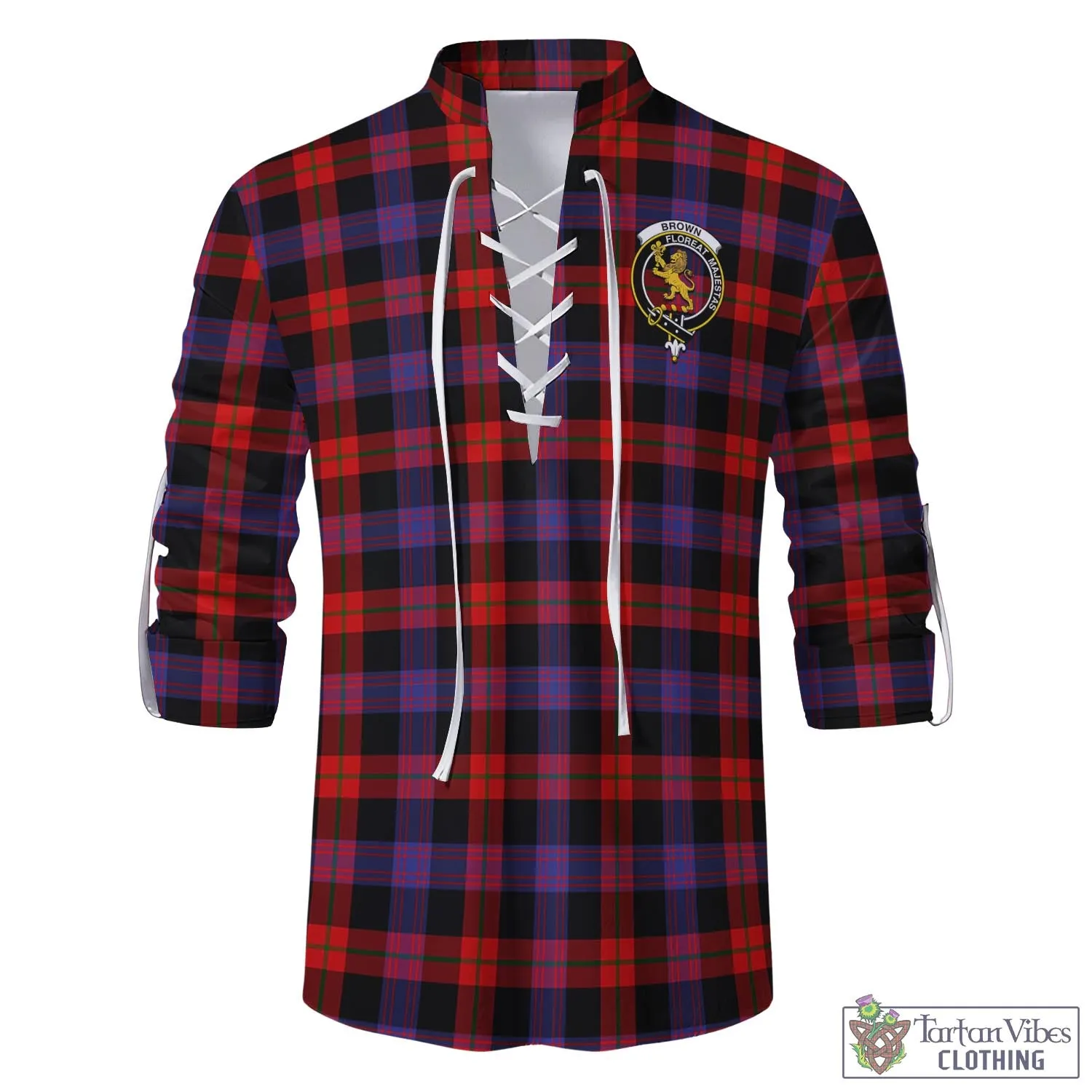 Brown (Broun) Tartan Men's Scottish Traditional Jacobite Ghillie Kilt Shirt with Family Crest