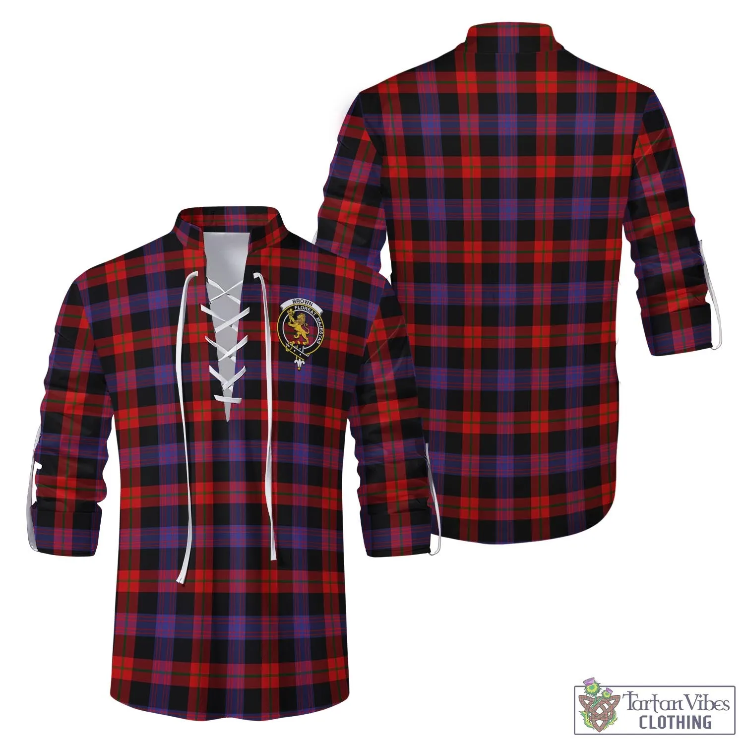 Brown (Broun) Tartan Men's Scottish Traditional Jacobite Ghillie Kilt Shirt with Family Crest