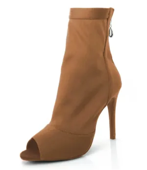 Brown Stretch Lycra Open Toe Sock Boots High Heels