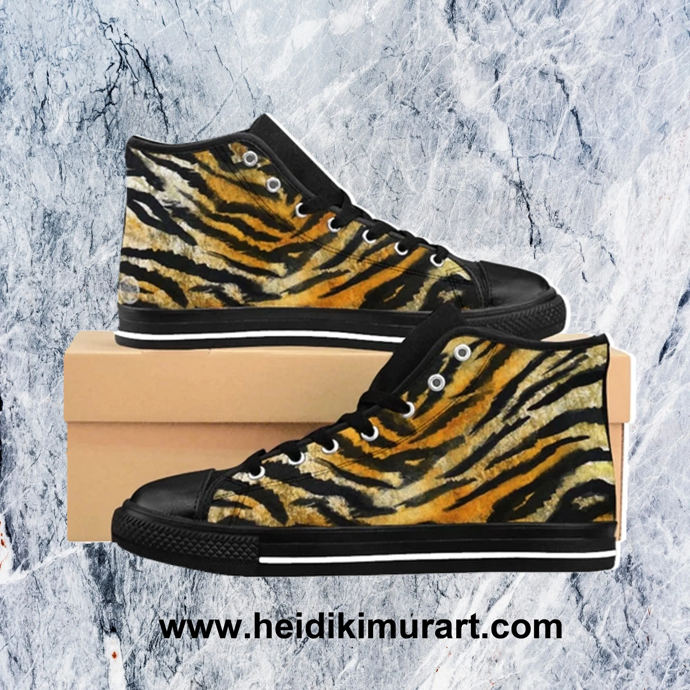 Brown Tiger Stripe Women's Sneakers, Chic Animal Print Designer High Top Tennis Shoes