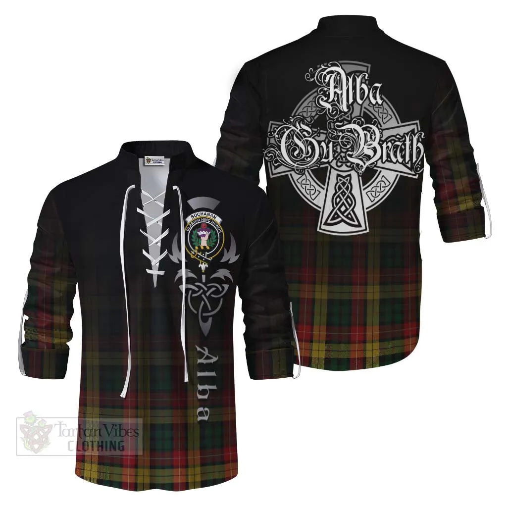 Buchanan Tartan Ghillie Kilt Shirt Featuring Alba Gu Brath Family Crest Celtic Inspired