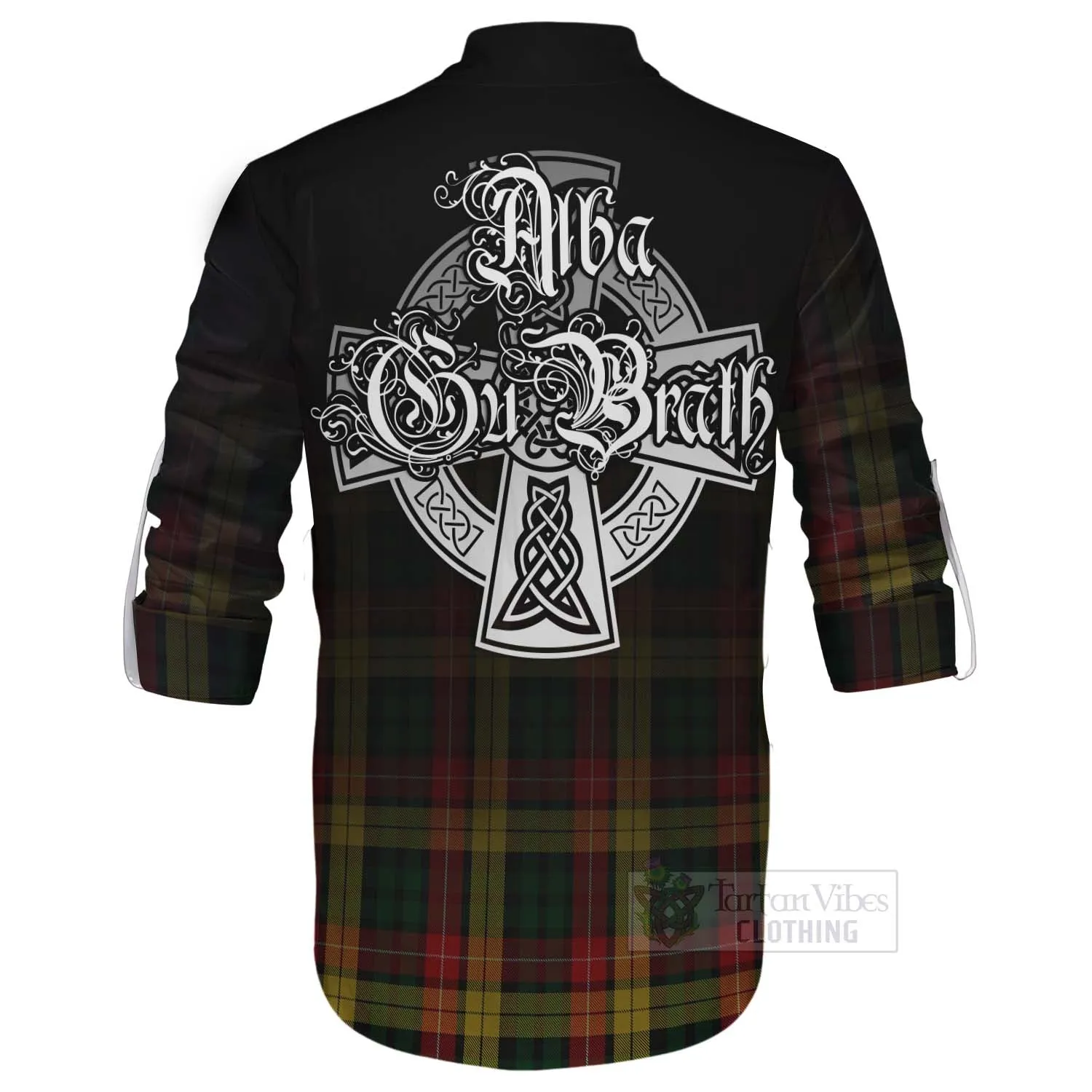 Buchanan Tartan Ghillie Kilt Shirt Featuring Alba Gu Brath Family Crest Celtic Inspired