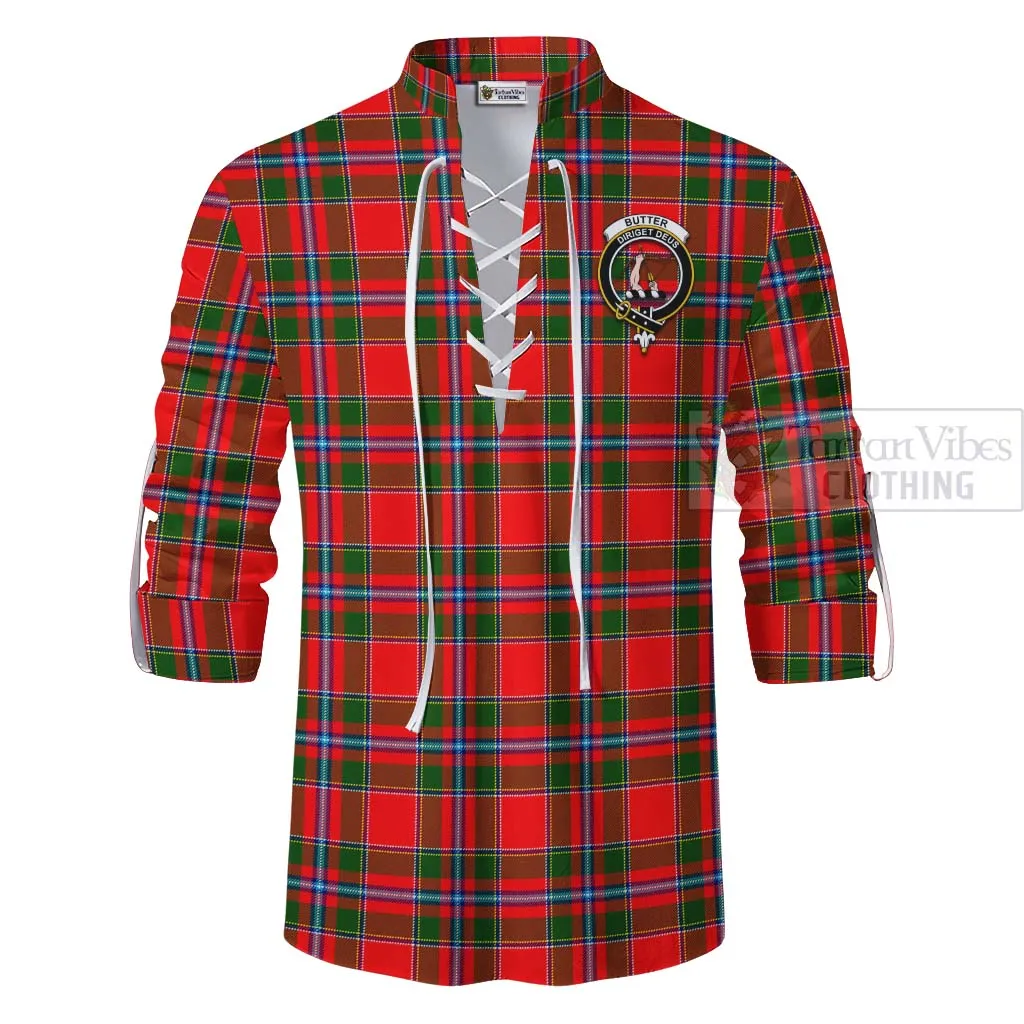 Butter Tartan Ghillie Kilt Shirt with Family Crest and Bearded Skull Holding Bottles of Whiskey