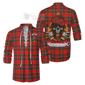 Butter Tartan Ghillie Kilt Shirt with Family Crest and Bearded Skull Holding Bottles of Whiskey