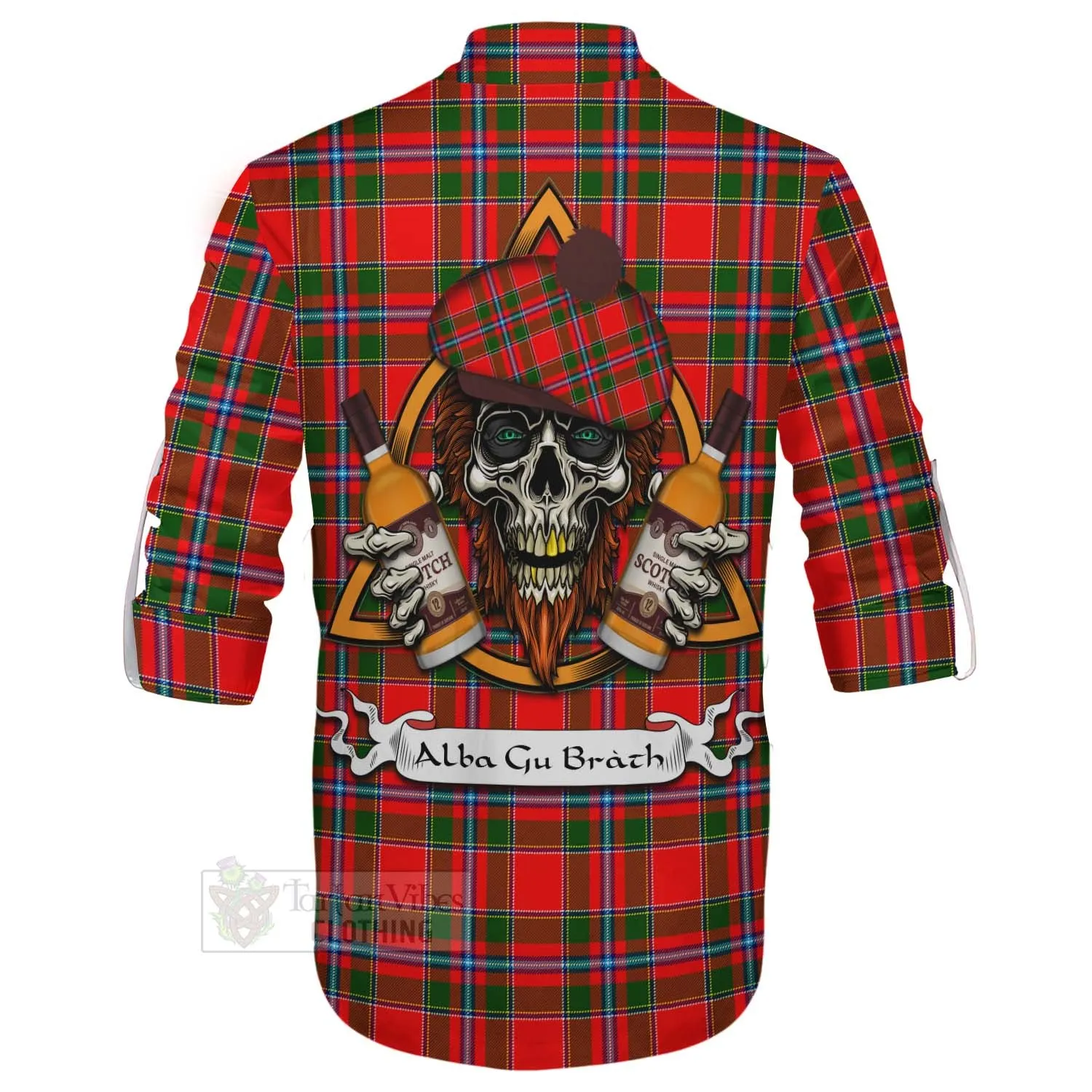 Butter Tartan Ghillie Kilt Shirt with Family Crest and Bearded Skull Holding Bottles of Whiskey